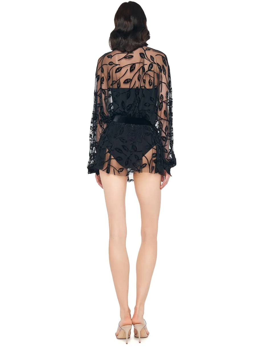 Mini Dress with Black Embroidered Leaves